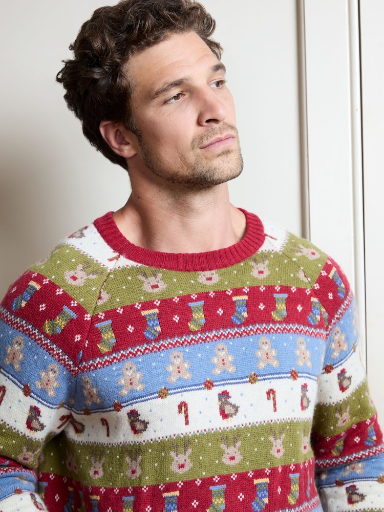 JoJo Maman Bébé Multi Christmas Men's Long Sleeve Character Fairisle Jumper - Image 2 of 5 JoJo Maman Bébé Multi Christmas Men's Long Sleeve Character Fairisle Jumper - Image 2 of 5