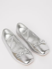 Lipsy Silver Metallic Flat Slip On Square Toe Party Ballerina - Image 1 of 4