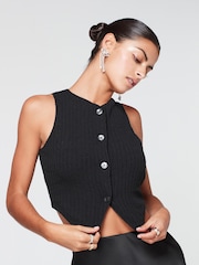 Black Button Front Textured Rib Soft Knit Stretch Jersey Waistcoat Top - Image 1 of 6