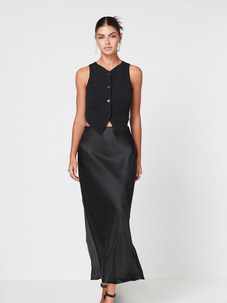 Black Button Front Textured Rib Soft Knit Stretch Jersey Waistcoat Top - Image 2 of 6