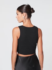 Black Button Front Textured Rib Soft Knit Stretch Jersey Waistcoat Top - Image 3 of 6