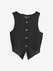 Black Button Front Textured Rib Soft Knit Stretch Jersey Waistcoat Top - Image 5 of 6