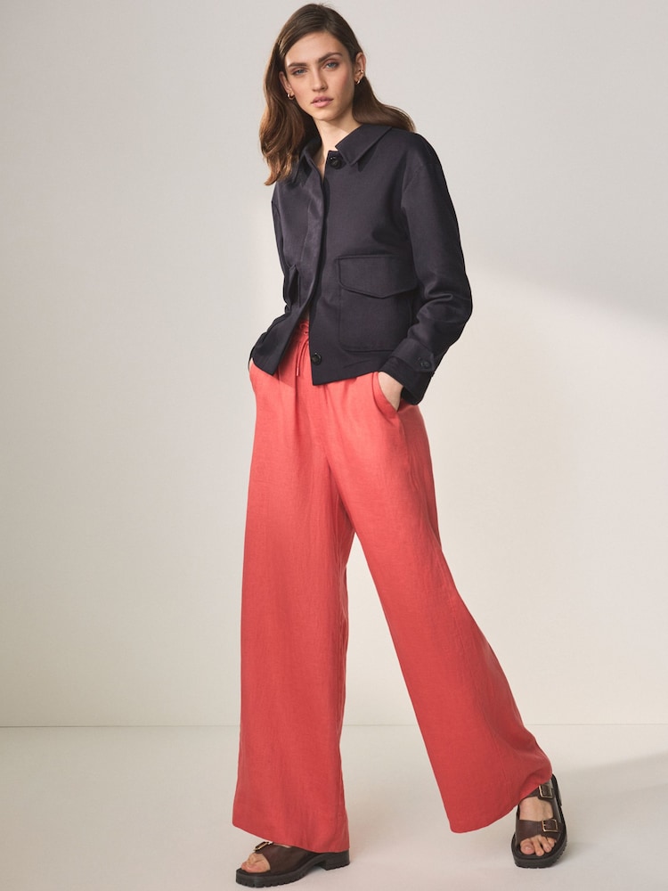 Coral Pink Premium 100% Linen Wide Leg Trousers - Image 1 of 7