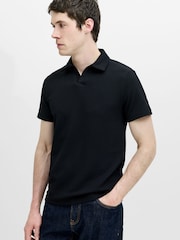 French Connection Black Knit Open Collar Short Sleeve Polo Shirt - Image 2 of 6