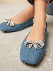 Denim Blue Forever Comfort® Square Toe Bow Trim Ballerinas - Image 2 of 7