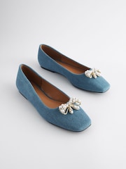 Denim Blue Forever Comfort® Square Toe Bow Trim Ballerinas - Image 3 of 7