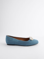 Denim Blue Forever Comfort® Square Toe Bow Trim Ballerinas - Image 4 of 7