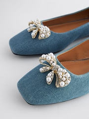 Denim Blue Forever Comfort® Square Toe Bow Trim Ballerinas - Image 6 of 7