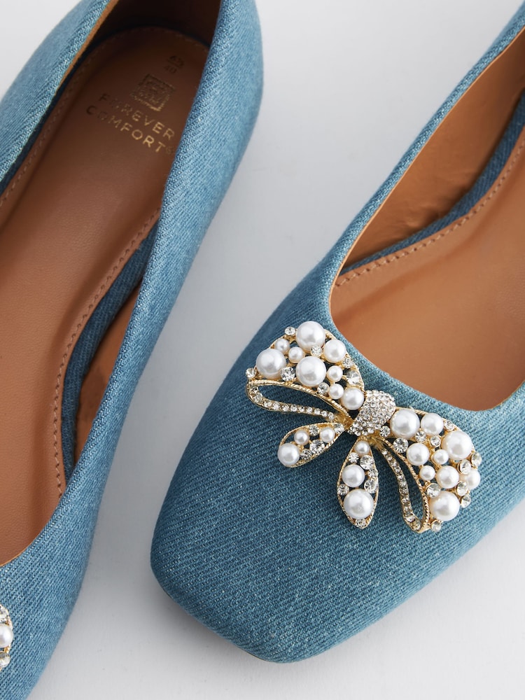 Denim Blue Forever Comfort® Square Toe Bow Trim Ballerinas - Image 7 of 7