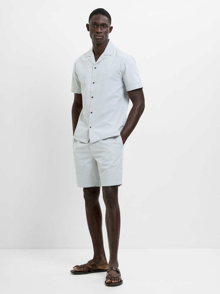 French Connection Blue Pinstripe Seersucker Button Revere Collar Short Sleeve Shirt - Image 1 of 6 French Connection Blue Pinstripe Seersucker Button Revere Collar Short Sleeve Shirt - Image 1 of 6