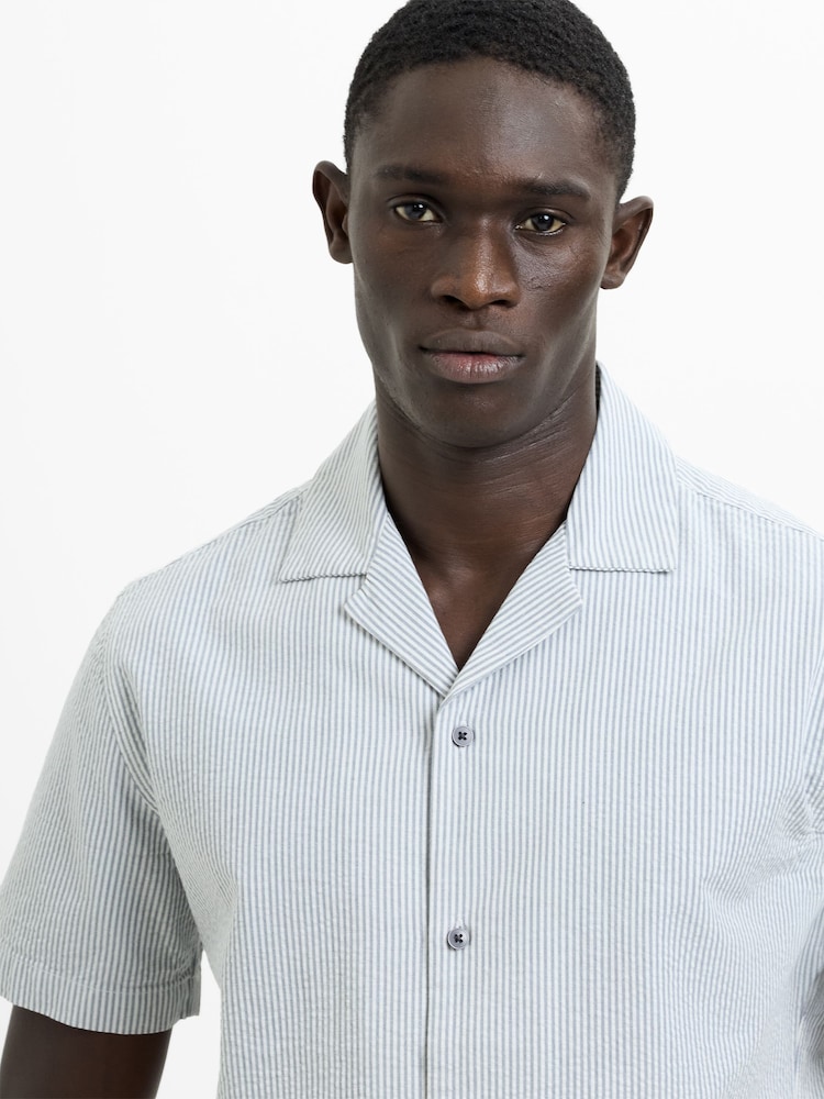 French Connection Blue Pinstripe Seersucker Button Revere Collar Short Sleeve Shirt - Image 2 of 6 French Connection Blue Pinstripe Seersucker Button Revere Collar Short Sleeve Shirt - Image 2 of 6