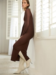 Chocolate Brown Scoop Neck Long Sleeve Ribbed Midaxi Dress - Image 2 of 6