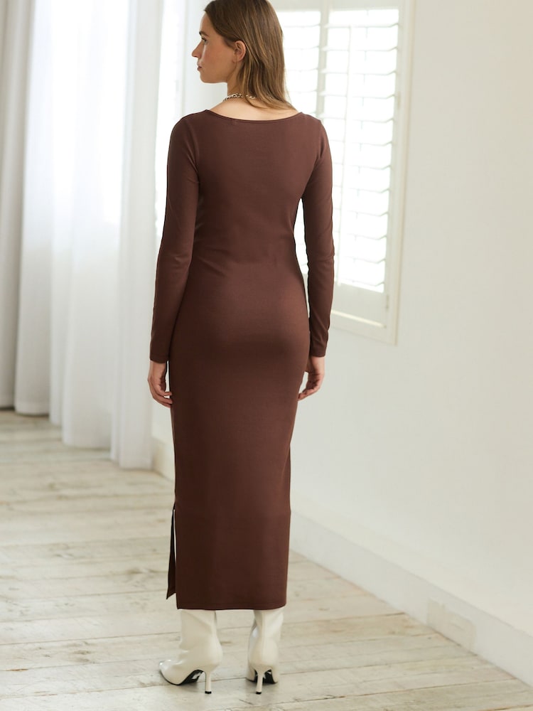 Chocolate Brown Scoop Neck Long Sleeve Ribbed Midaxi Dress - Image 3 of 6