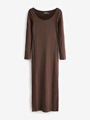 Chocolate Brown Scoop Neck Long Sleeve Ribbed Midaxi Dress - Image 5 of 6