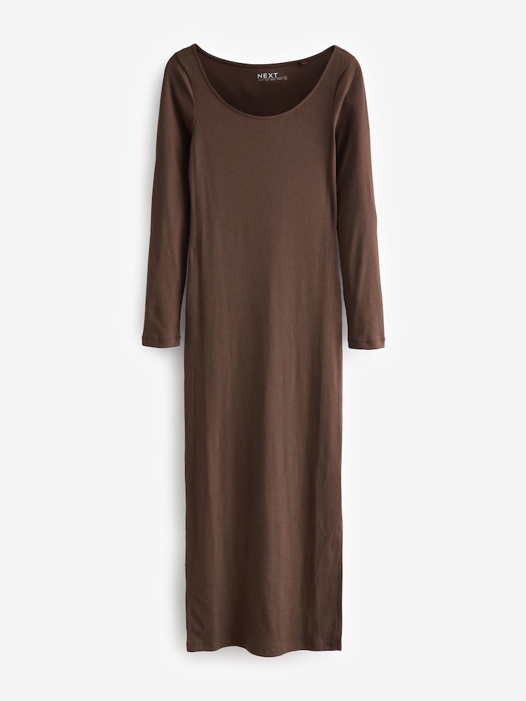 Chocolate Brown Scoop Neck Long Sleeve Ribbed Midaxi Dress - Image 5 of 6