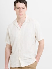 French Connection Cream Tropical Palm Print Revere Collar Button Short Sleeve Shirt - Image 1 of 6