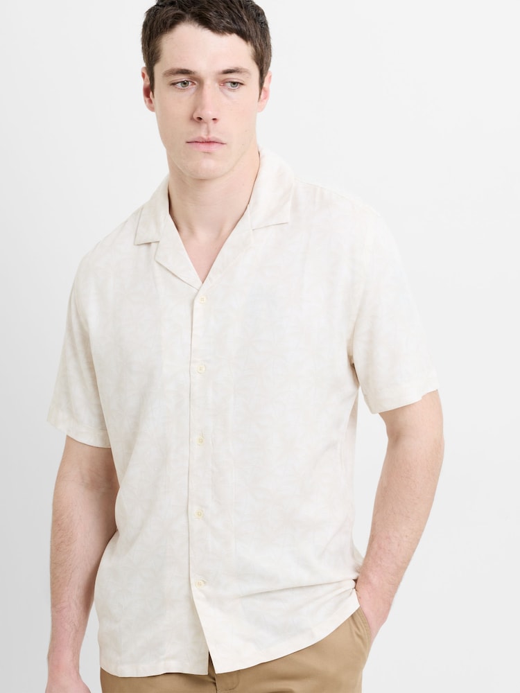French Connection Cream Tropical Palm Print Revere Collar Button Short Sleeve Shirt - Image 1 of 6