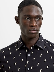French Connection Black Cotton Lightning Bolt Printed Button Short Sleeve Shirt - Image 2 of 5