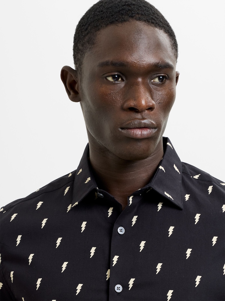 French Connection Black Cotton Lightning Bolt Printed Button Short Sleeve Shirt - Image 2 of 5