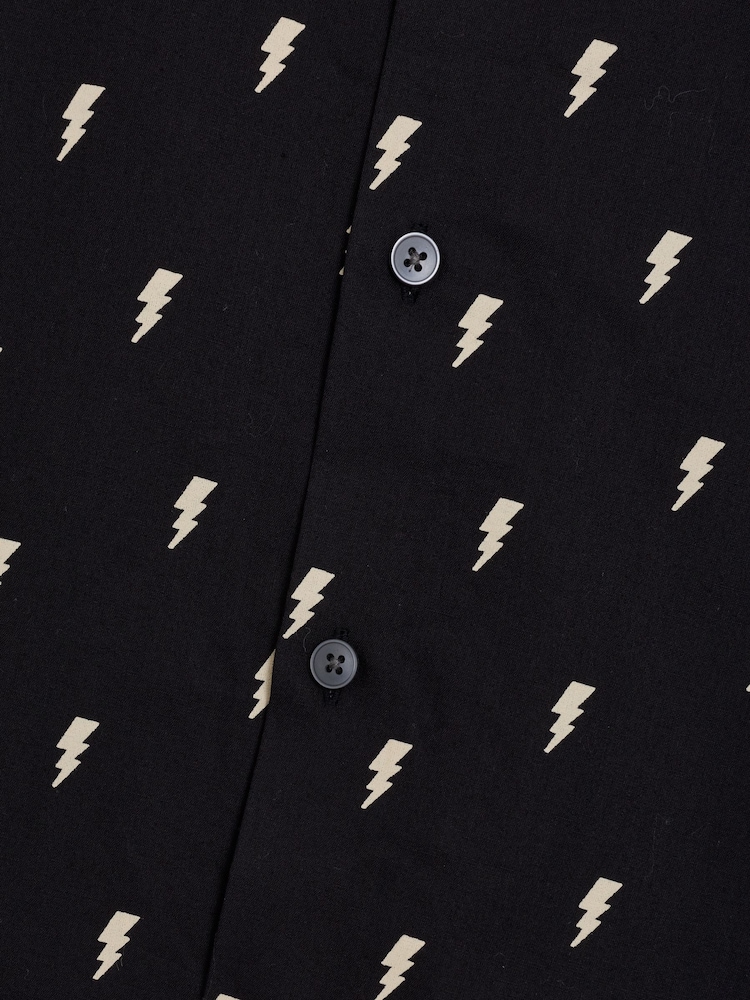 French Connection Black Cotton Lightning Bolt Printed Button Short Sleeve Shirt - Image 5 of 5