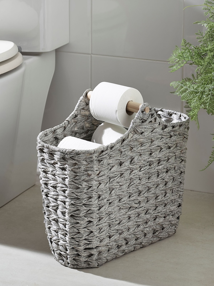 Grey Woven Toilet Roll Slimline Holder and Storage Set - Image 1 of 3