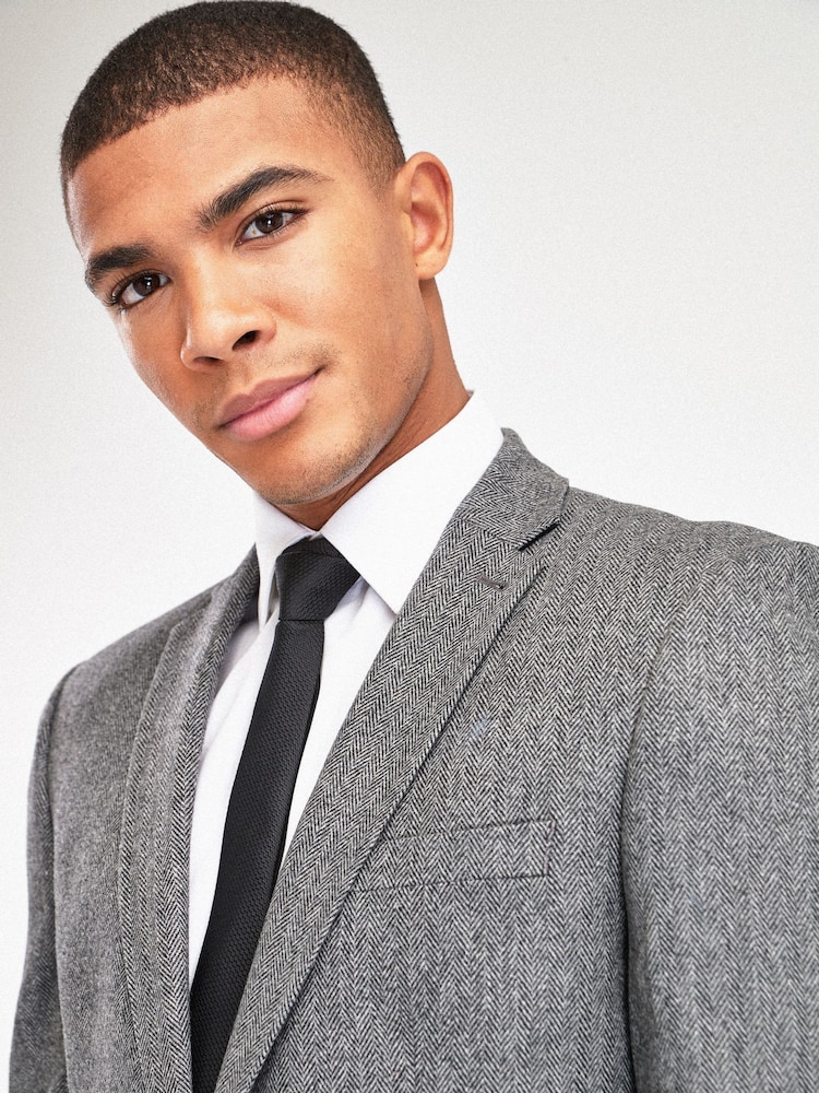 Grey Tailored Nova Fides Wool Herringbone Suit Jacket - Image 1 of 5