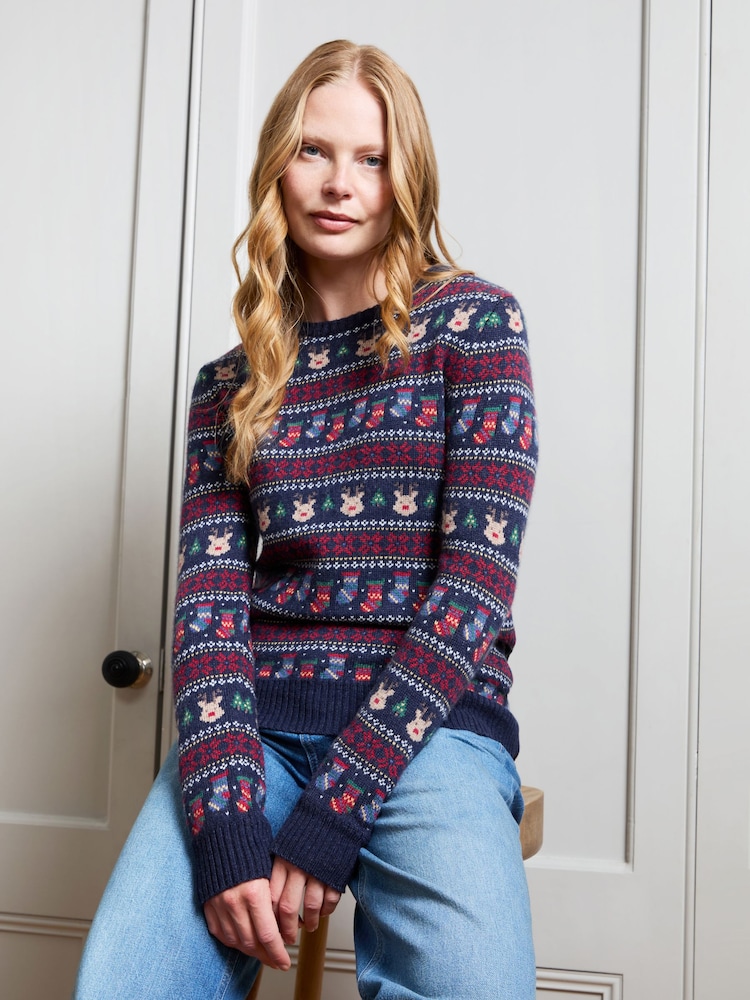 JoJo Maman Bébé Navy Blue Women's Long Sleeve Christmas Fairisle Jumper - Image 1 of 4 JoJo Maman Bébé Navy Blue Women's Long Sleeve Christmas Fairisle Jumper - Image 1 of 4