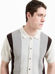 French Connection Cream Cotton Stripe Panelle Button Short Sleeve Polo Shirt - Image 2 of 6