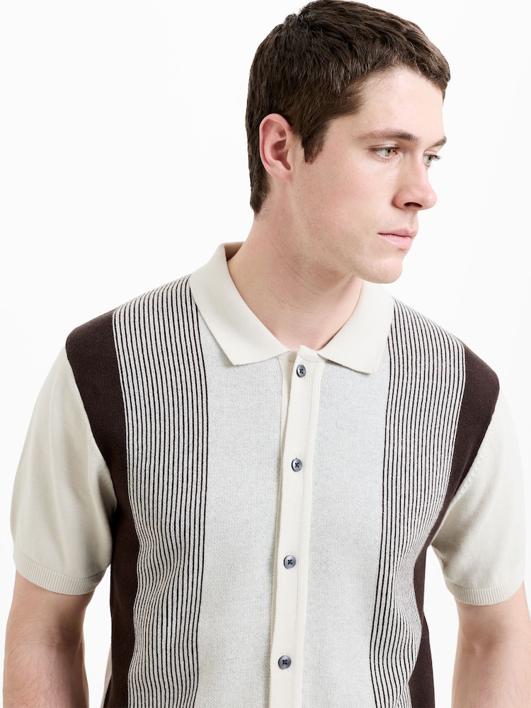 French Connection Cream Cotton Stripe Panelle Button Short Sleeve Polo Shirt - Image 2 of 6 French Connection Cream Cotton Stripe Panelle Button Short Sleeve Polo Shirt - Image 2 of 6