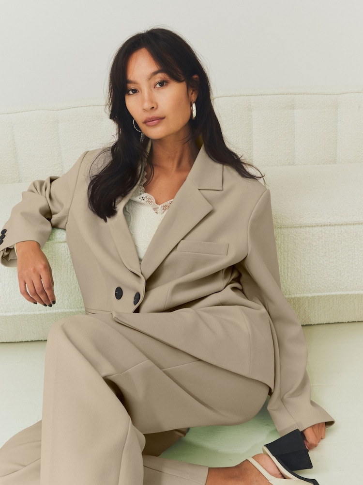 YAS Cream Oversized Double Breasted Tailored Blazer - Image 1 of 7