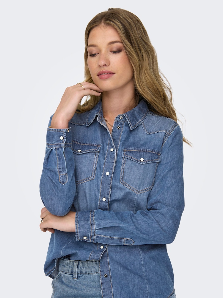 ONLY Blue Lightweight Denim 100% Cotton Shirt - Image 5 of 8