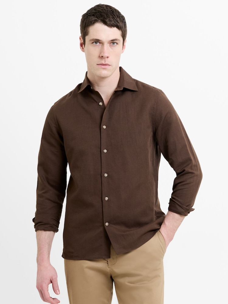 French Connection Brown Cotton Linen Blend Button Long Sleeve Shirt - Image 1 of 5