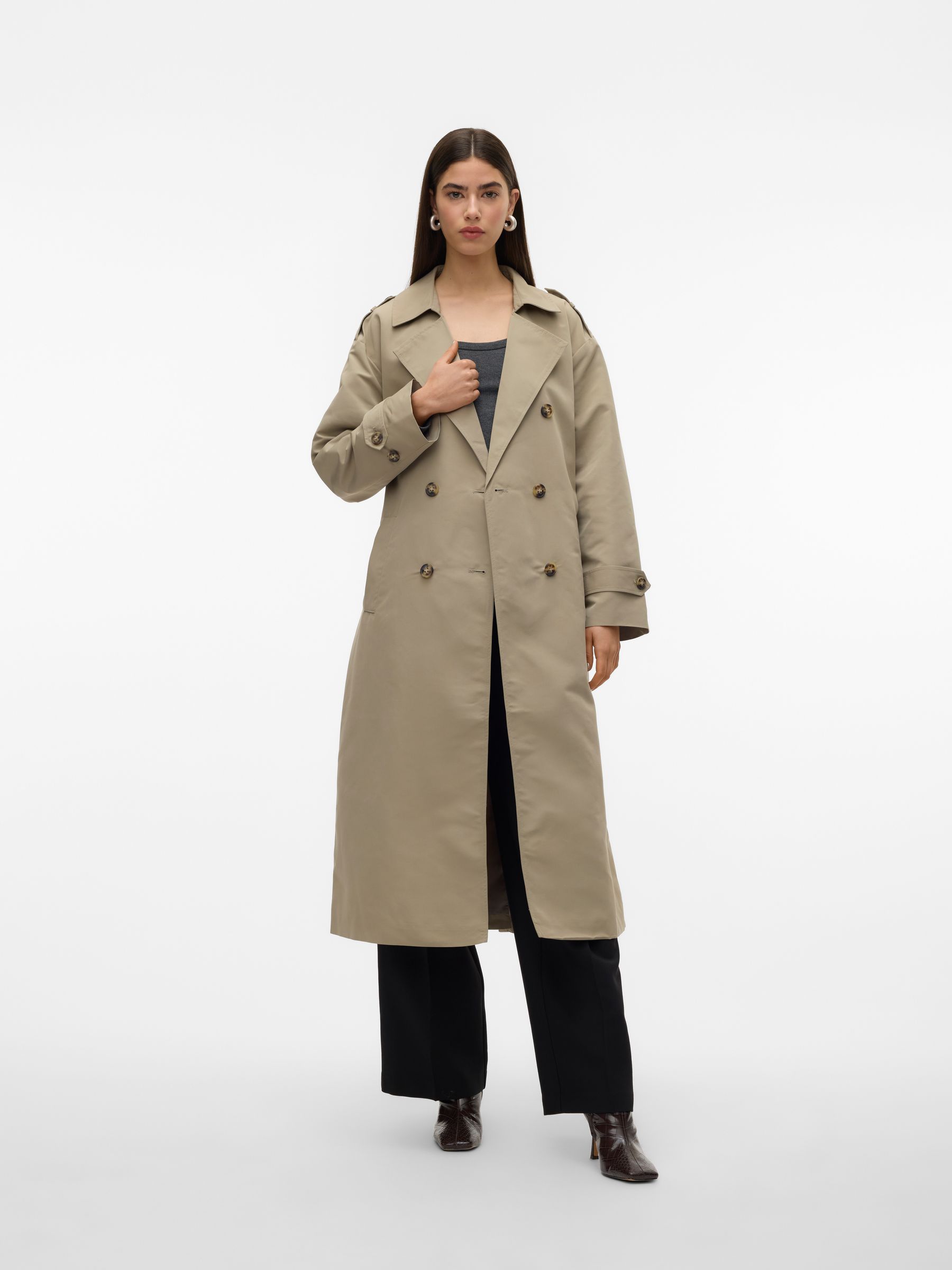 VERO MODA Green Mid Length Tie Waist Trench Coat