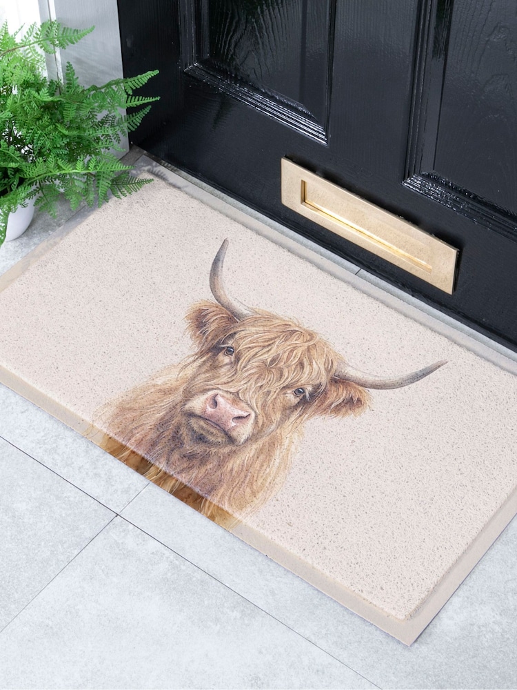 Artsy Mats Beige Highland Cow Outdoor Doormat - Image 1 of 4 Artsy Mats Beige Highland Cow Outdoor Doormat - Image 1 of 4