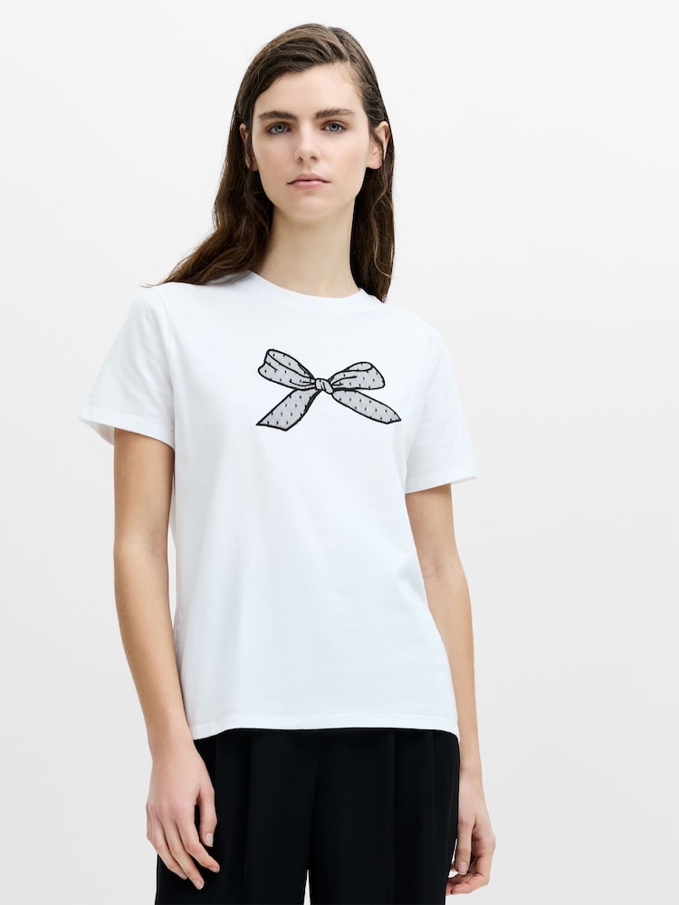 French Connection White Mesh Bow Cotton T-Shirt - Image 1 of 4