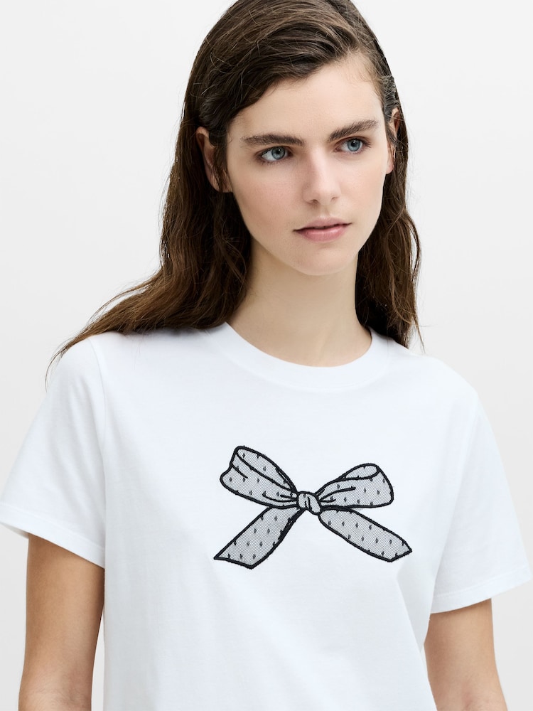 French Connection White Mesh Bow Cotton T-Shirt - Image 2 of 4