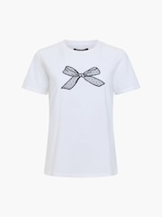 French Connection White Mesh Bow Cotton T-Shirt - Image 4 of 4