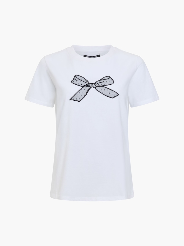 French Connection White Mesh Bow Cotton T-Shirt - Image 4 of 4