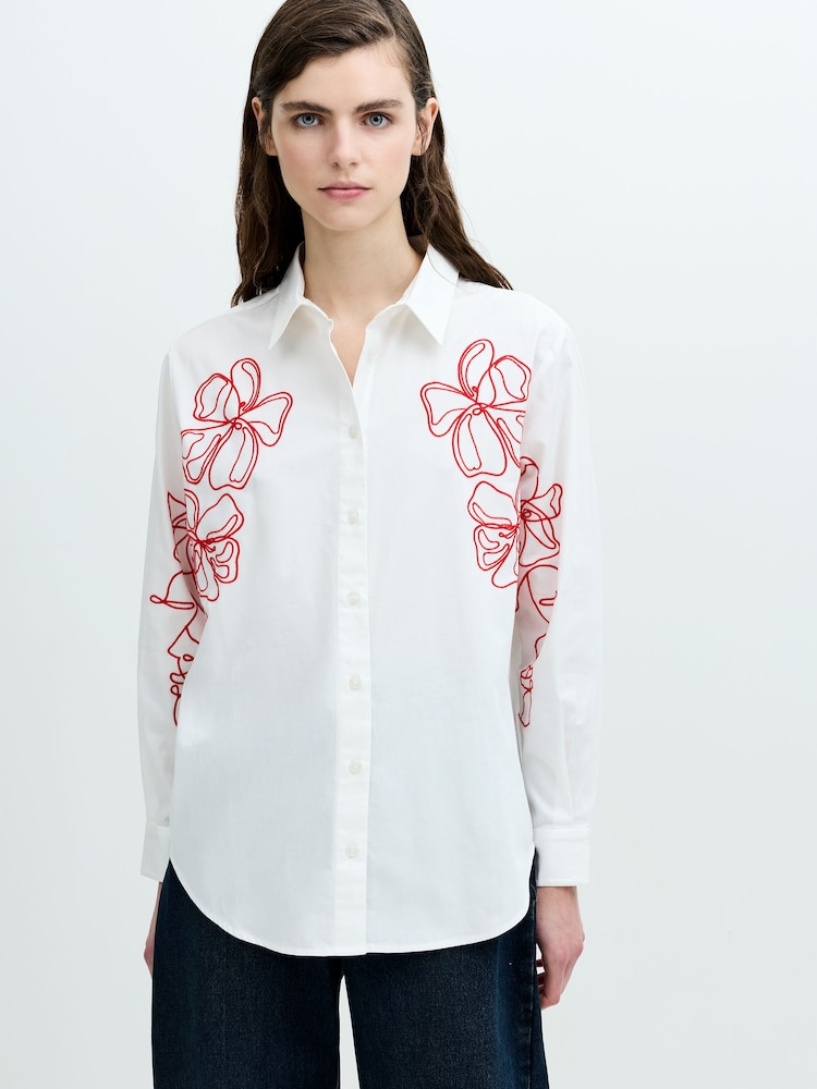 French Connection White Alexis Cotton Embroidered Line Drawing Shirt - Image 1 of 6 French Connection White Alexis Cotton Embroidered Line Drawing Shirt - Image 1 of 6
