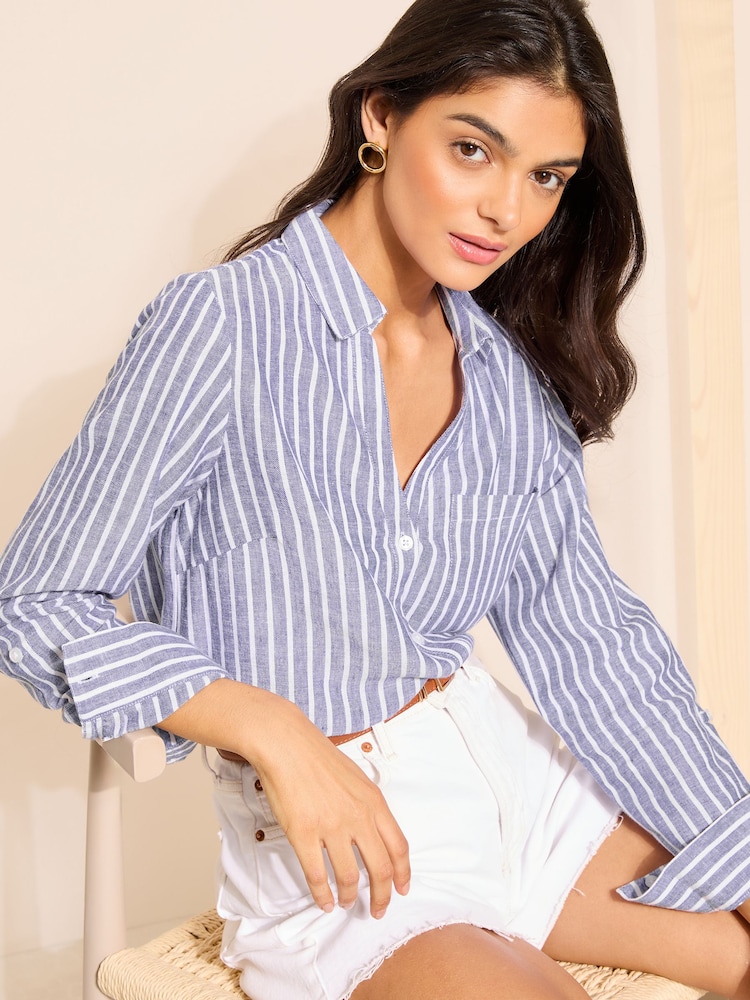 Friends Like These Blue Stripe Long Sleeve Button Through Shirt with Linen - Image 1 of 4 Friends Like These Blue Stripe Long Sleeve Button Through Shirt with Linen - Image 1 of 4