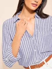 Friends Like These Blue Stripe Long Sleeve Button Through Shirt with Linen - Image 3 of 4