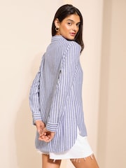 Friends Like These Blue Stripe Long Sleeve Button Through Shirt with Linen - Image 4 of 4