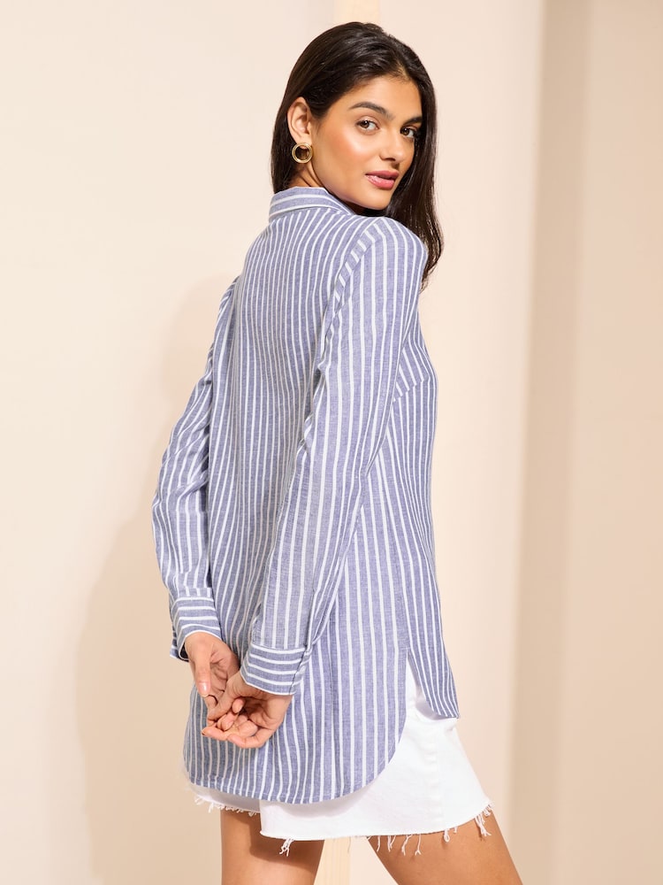 Friends Like These Blue Stripe Long Sleeve Button Through Shirt with Linen - Image 4 of 4 Friends Like These Blue Stripe Long Sleeve Button Through Shirt with Linen - Image 4 of 4