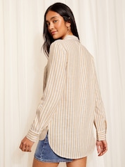 Friends Like These Camel Stripe Long Sleeve Button Through Shirt with Linen - Image 4 of 4