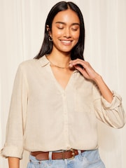 Friends Like These Neutral Long Sleeve Button Through Shirt with Linen - Image 1 of 4