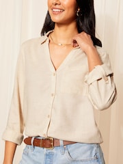 Friends Like These Neutral Long Sleeve Button Through Shirt with Linen - Image 3 of 4