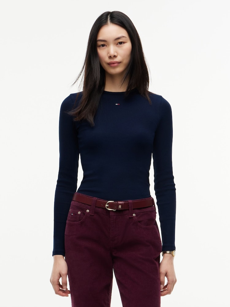 Niebieski - Dopasowana koszulka Tommy Jeans z prążkowaniem i długim rękawem - Obraz 1 z 5 Niebieski - Dopasowana koszulka Tommy Jeans z prążkowaniem i długim rękawem - Obraz 1 z 5