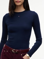 Niebieski - Dopasowana koszulka Tommy Jeans z prążkowaniem i długim rękawem - Obraz 4 z 5