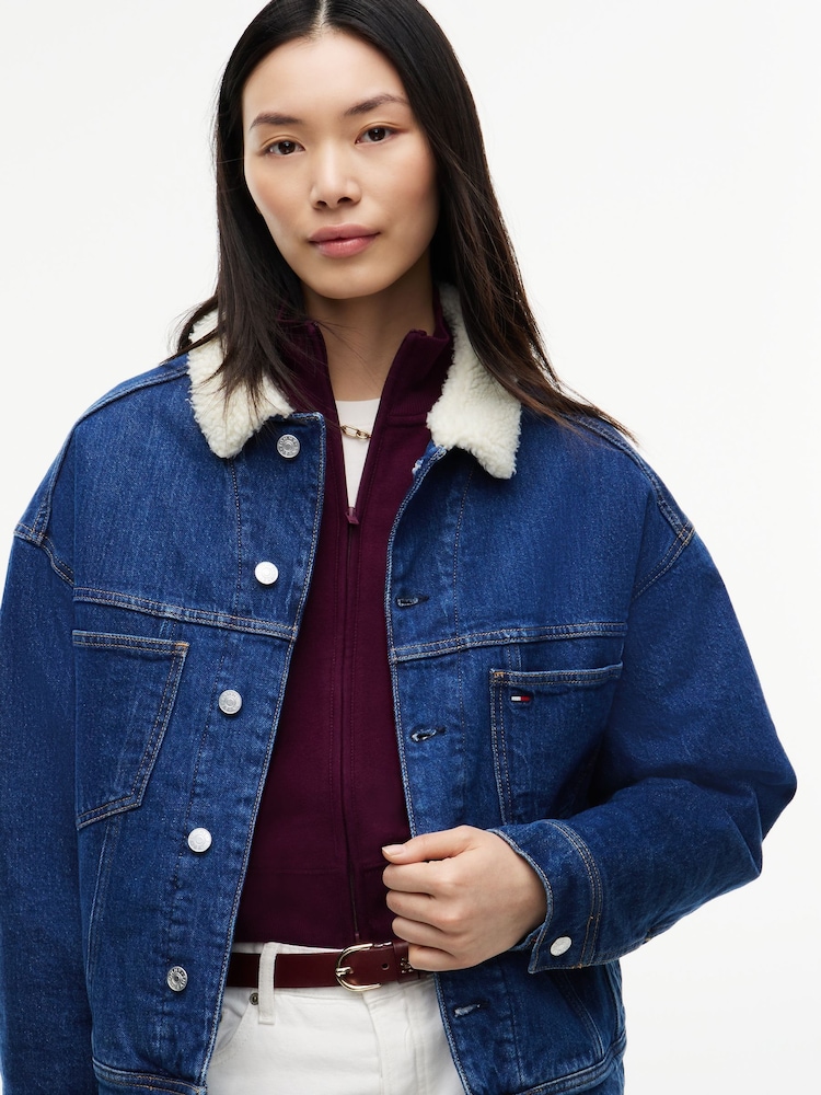 Tommy Jeans Blue Teddy Collar Slim Denim Trucker Jacket - Image 2 of 5 Tommy Jeans Blue Teddy Collar Slim Denim Trucker Jacket - Image 2 of 5