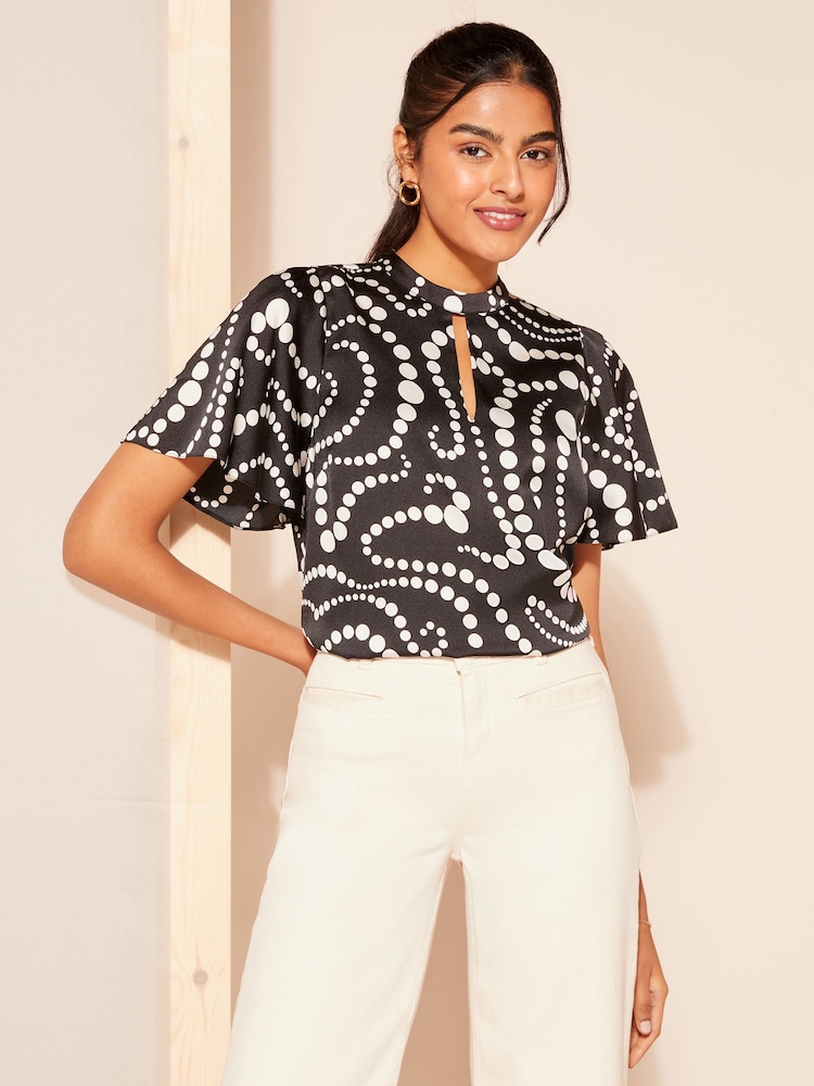 Friends Like These Black Spot Printed Flutter Sleeve Keyhole Blouse - Image 2 of 4